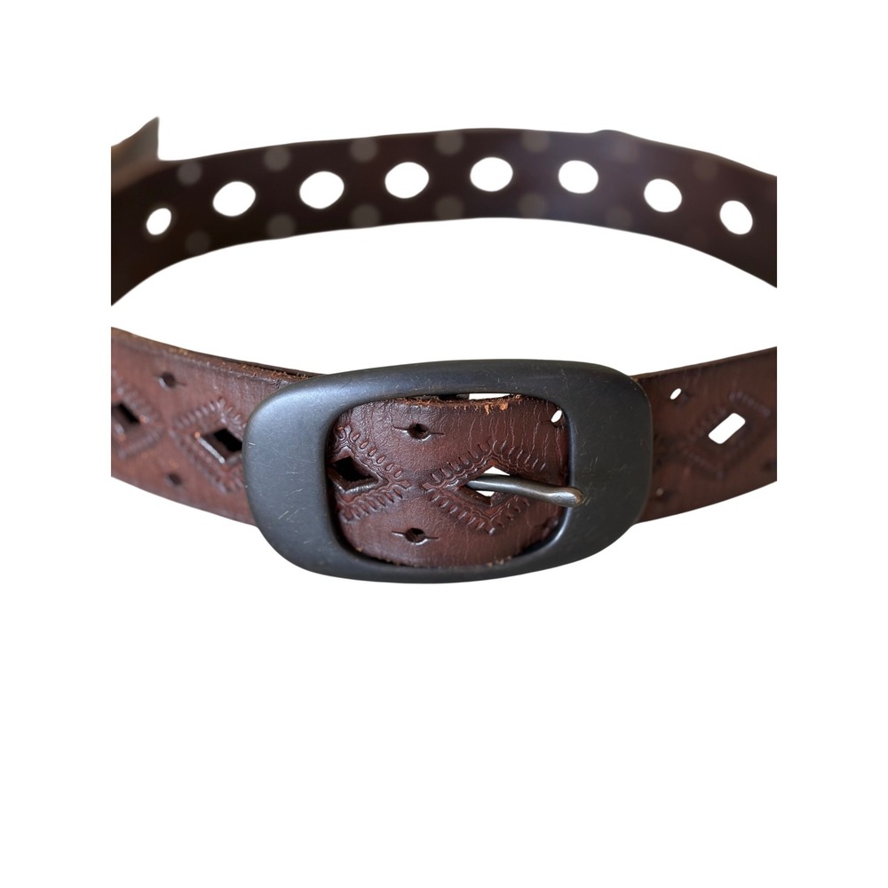 Fossil Brown Leather Belt Geometric Diamond Cutout Southwestern Womens 36 in - Picture 2 of 7